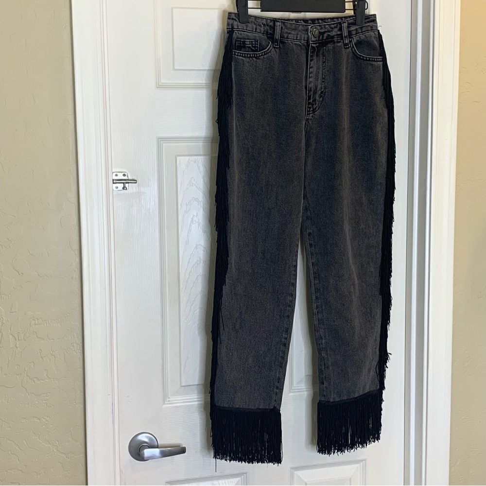 Nasty Gal It’s Only Rock and Roll Fringe High Waisted Jeans Black Size 6 - Picture 11 of 12